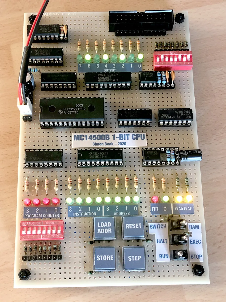 Click to view full size - The 1-bit CPU in it's entirety. System expansion is possible via the header in the top right. On-board I/O in the form of DIP switches and LEDs at the top, all other switches, buttons and LEDs are for system control and entering the program into RAM. The actual MC14500B is the chip to the top left of the large RAM.